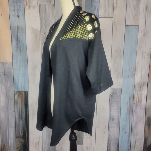 Vintage Vicky Vaughn Black Gold Geometric Open Front Cardigan Duster Shirt M L - Picture 2 of 9